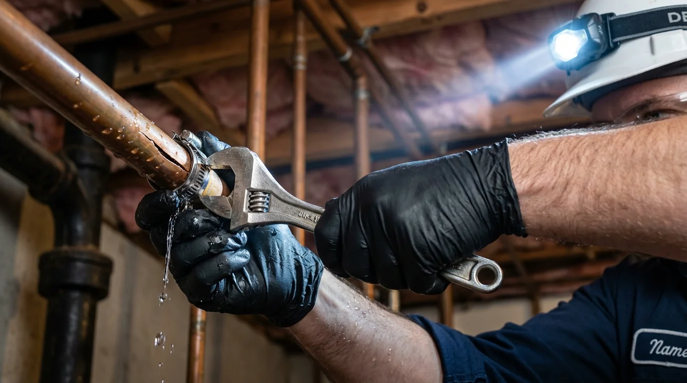 Emergency pipe clamp repair being performed by a Johns Plumbing LLC plumber in Rutland