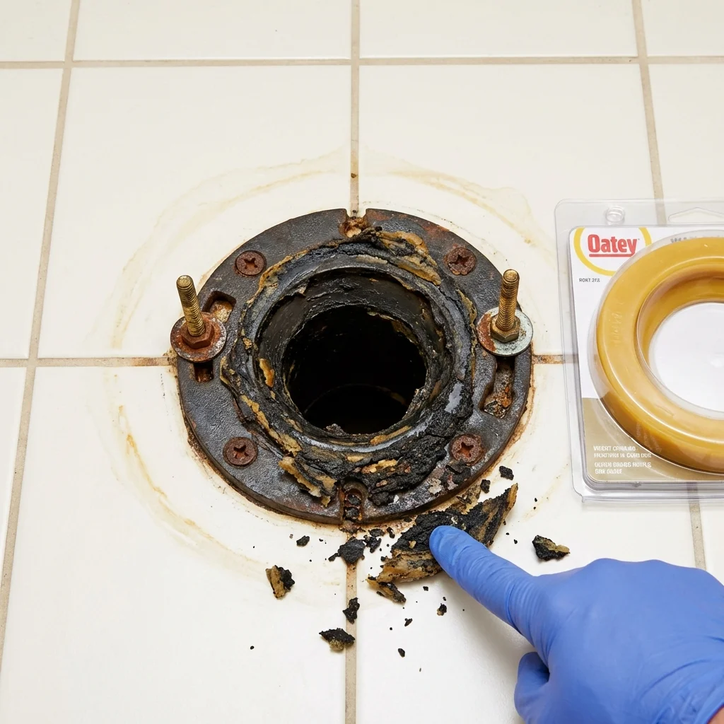 Failed wax ring showing water seepage at the base of a toilet in a Rutland, VT home