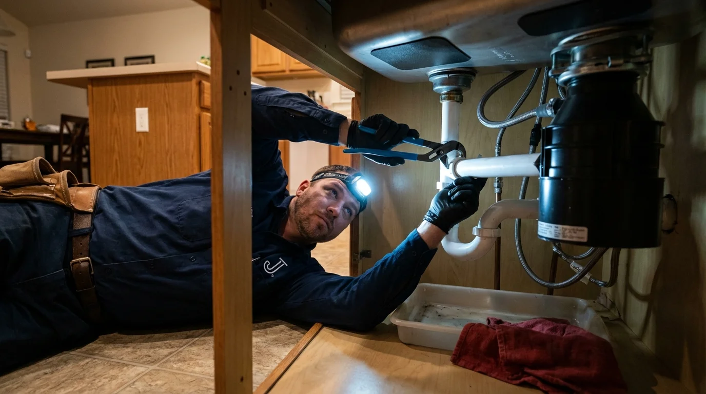 P-trap and supply line connections under a kitchen sink showing a common leak point in Rutland, VT
